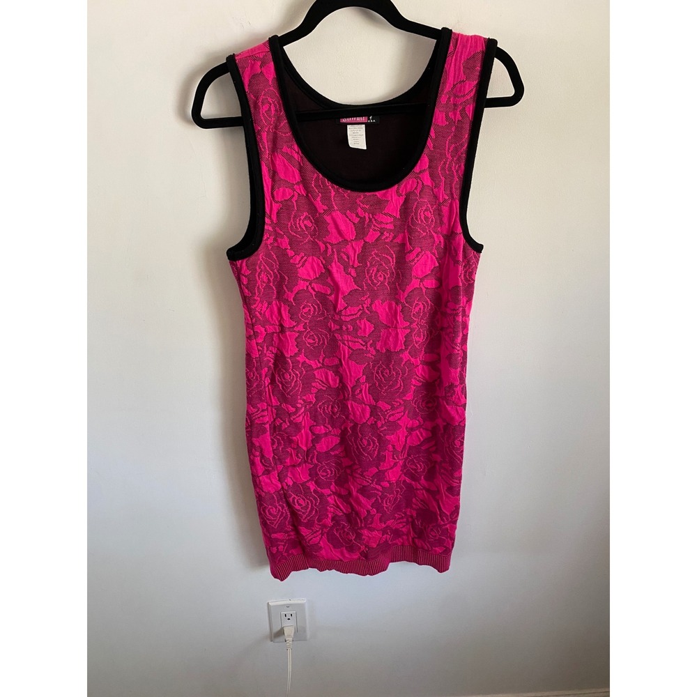 Say What? Womens Hot Pink Black Floral Rose Knit Mini Dress Tunic Medium USA